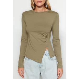 Trendyol Khaki Knitted Blouse With One Slit Detail Cotton Pleated Round Neck