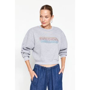 Trendyol Gray Crew Neck Stone Print Thick Fleece Inner Comfort Cut Crop Fit Knitted Sweatshirt