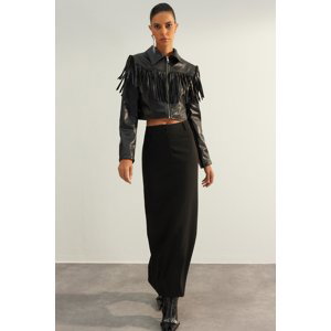 Trendyol Limited Edition Black Fitted Zip Up and Tassels Faux Leather Coat