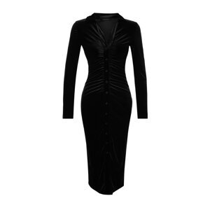 Trendyol Black Velvet Fitted/Simple Polo Neck Midi Knitted Dress