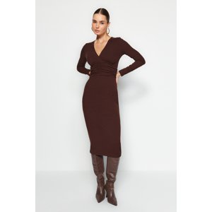 Trendyol Brown Textured Fabric V-Neck Waist Detail Maxi Knitted Dress