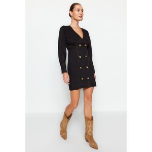 Trendyol Black Fitted Mini Button Detailed Sleeves Bulky Woven Dress