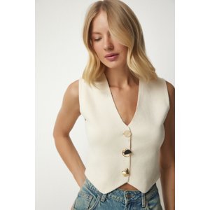 Happiness İstanbul Women's Cream Stylish Viscose Knitwear Vest with Asymmetrical Buttons
