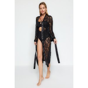 Trendyol Black Premium Satin Band Detailed Lace Knitted Dressing Gown