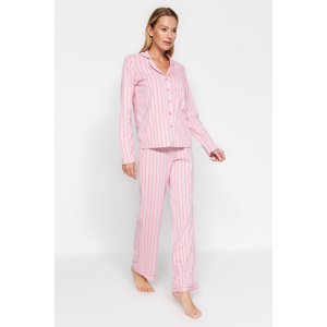 Trendyol Pink 100% Cotton Striped Shirt-Pants Knitted Pajamas Set