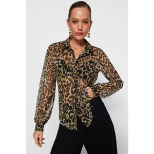 Trendyol Brown Leopard Print Tulle Knit Shirt