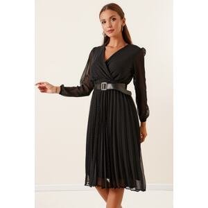 By Saygı Double Breasted Neck Belted Lined Spotted Pleat Chiffon Dress Black