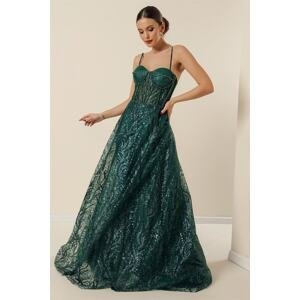 By Saygı Rope Straps with Beading Detail Lined Sequins And Glitter Underwire Long Dress Emerald