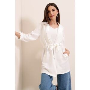 By Saygı Ecru Linen Jacket with Lace-up Front Pockets with Foldable Sleeves