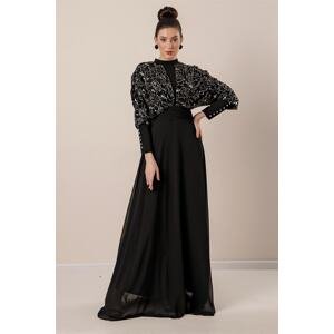 By Saygı Bat Sleeve Sequined Gilded Lined Chiffon Hijab Dress Black