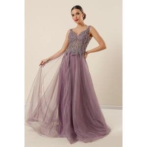 By Saygı Lilac Front Back V-Neck Top Beaded Lined Long Tulle Dress