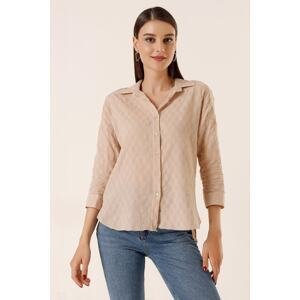 By Saygı Front Buttoned Polo Collar Folded Sleeves Buttoned Shirt Beige