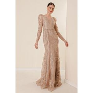 By Saygı V Neck Long Sleeve Lined Wide Body Interval Silvery Flocked Printed Long Dress Gold