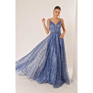 By Saygı Thin Straps, Beading Detailed, Tie Back Lined Floral Glitter Flocked Printed Long Dress