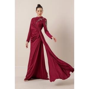 By Saygı Stone Embroidered Crepe Satin Hijab Dress with Shirring and Linen Fuchsia