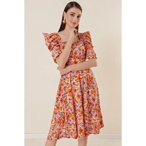 By Saygı Square Neck Floral Pleated Volleyball Sleeve Dress Orange