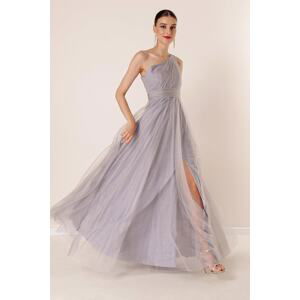 By Saygı One-Shoulder Draped and Lined Long Glittery Tulle Dress Gray