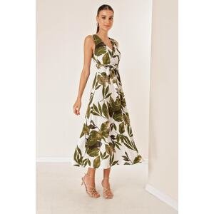 By Saygı Double-breasted Collar With Belted Waist Leaf Patterned Seersucker Dress Khaki