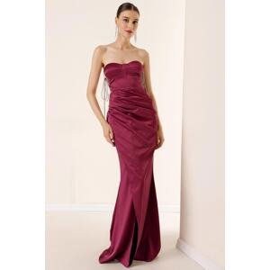 By Saygı Lined Long Chiffon Dress with Shiny Threads and Transparent Drapes Plum