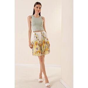 By Saygı Elastic Waist Lined Large Flower Patterned Short Chiffon Skirt Yellow