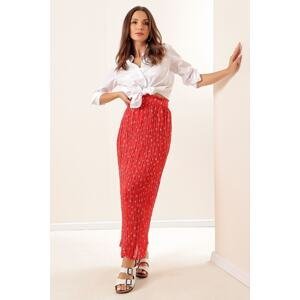 By Saygı Elastic Waist and Lined Heart Pattern Pleated Long Chiffon Skirt Red