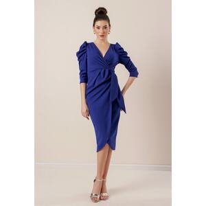 By Saygı Knitted Crepe Wrapped Dress with Pleated Sleeves and Ruffles in the Front.
