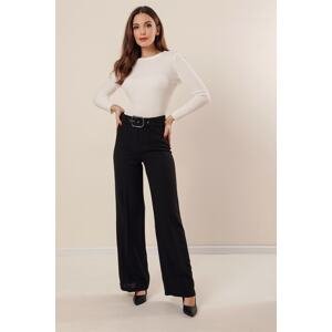 By Saygı Wide Leg Crepe Trousers with Belt Waist and Wide Size Range, Black.