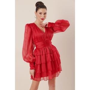 By Saygı V-Neck Lined Organza Dress With Ruffles Red
