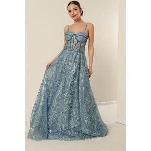By Saygı Sequins And Glitter Underwire Long Dress With Beading Detailed, Lined Indigo.