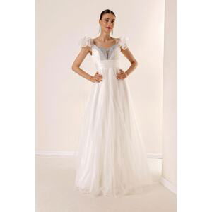 By Saygı Front Back V-Neck Rope Strap Low Sleeve Front Stone Detailed Lined Long Tulle Dress Cream