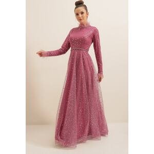 By Saygı Beaded Detailed Tulle Long Dress Fuchsia with Pile Collar And Sleeve Ends.