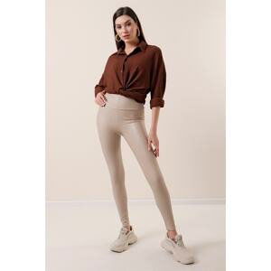 By Saygı High Waist Raised Lycra Leather Leggings With Stone.