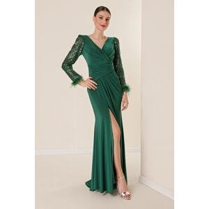 By Saygı Double Breasted Neck Front Draped Sleeves Pulp Feather Detailed Lined Lycra Long Dress Emerald