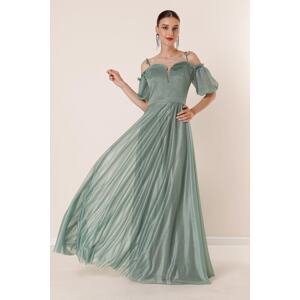 By Saygı Pleated Collar With Balloon Sleeves Lined Glittery Long Dress Mint