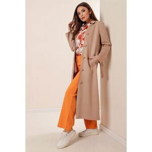 By Saygı Beige Lycra Suede Coat with Side Pockets and Belted Waist.