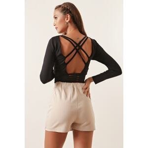 By Saygı Round Viscose Crop Top with Lace-Up Back, Black