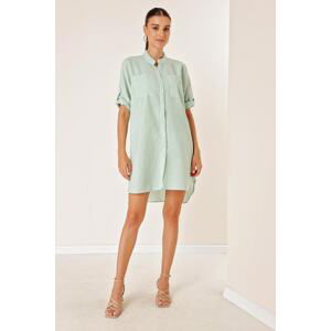 By Saygı Two Pockets Front Short Back Long Stripe Short Sleeve See-through Dress Green