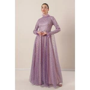 By Saygı Collar and Sleeve Ends Feathered Waist Belted Lined Bead Detailed Tulle Long Dress Lilac