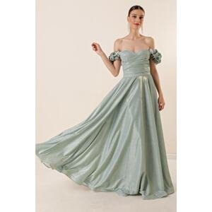 By Saygı Lettuce Shoulders Lined Draping Glittery Long Dress Mint