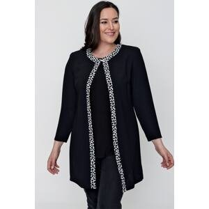 By Saygı Leopard Pattern Sleeve Tip And Front Tie Plus Size Crepe Double Suit Black