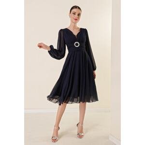 By Saygı Navy Blue V Neck Front Buckled Draped Lined Chiffon Dress