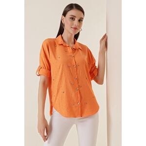 By Saygı Orange Polo Shirt with Stones and Staples on the Front and Buttons with Stones.