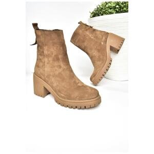 Fox Shoes R654006502 Tan Genuine Leather and Suede Women's Boots with Thick Heels