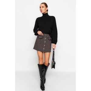 Trendyol Checkered Mini Woven Mini Skirt with Pocket and Button Detail in Brown Tweed