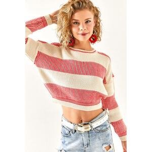 Olalook Women's Red Stripe Block Crop Knitwear Sweater