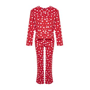 Trendyol Red 100% Cotton T-shirt-Pants with Heart and Knitted Pajamas Set