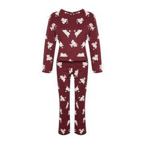 Trendyol Claret Red 100% Cotton Elephant Patterned Tshirt-Pants and Knitted Pajamas Set