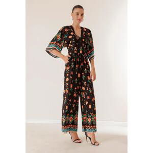 By Saygı Elastic Waist, Pocket Palazzo Pants Front Back V-Neck Crop Carnation Pattern 2-Piece Set.