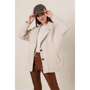 By Saygı Beige Oversized Lined Stamp Jacket with Pockets with Cuff Sleeves