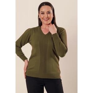 By Saygı V-Neck Hole Work Detailed Plus Size Acrylic Sweater Khaki